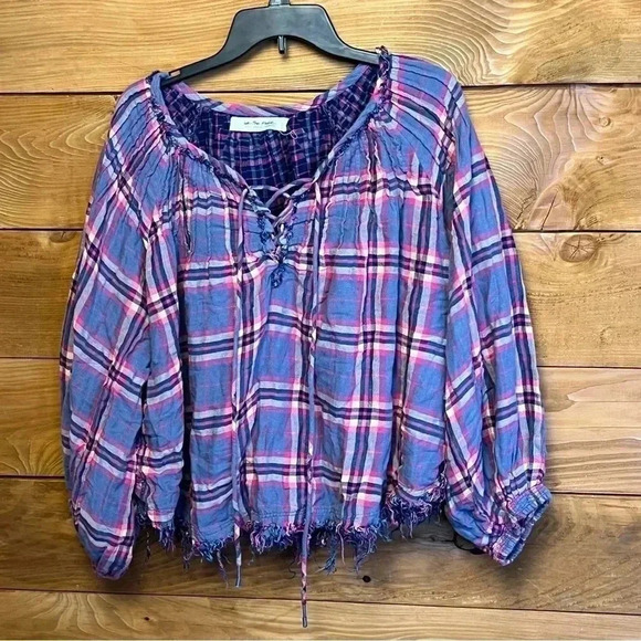 WOMEN'S PRE-WORN Medium‎ MUMU BLUE ELASTIC WAIST Flare and fringe bottom flannel - Picture 1 of 9